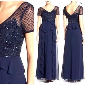NEW Adrianna Papell 8 Beaded $279 Ruffle Dress Long Gown Short Sleeve Navy Blue
